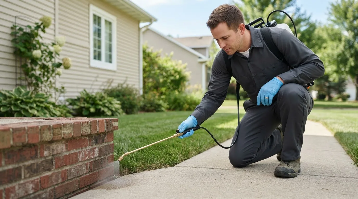 Pest control technician treating a home near Petersburg, OH