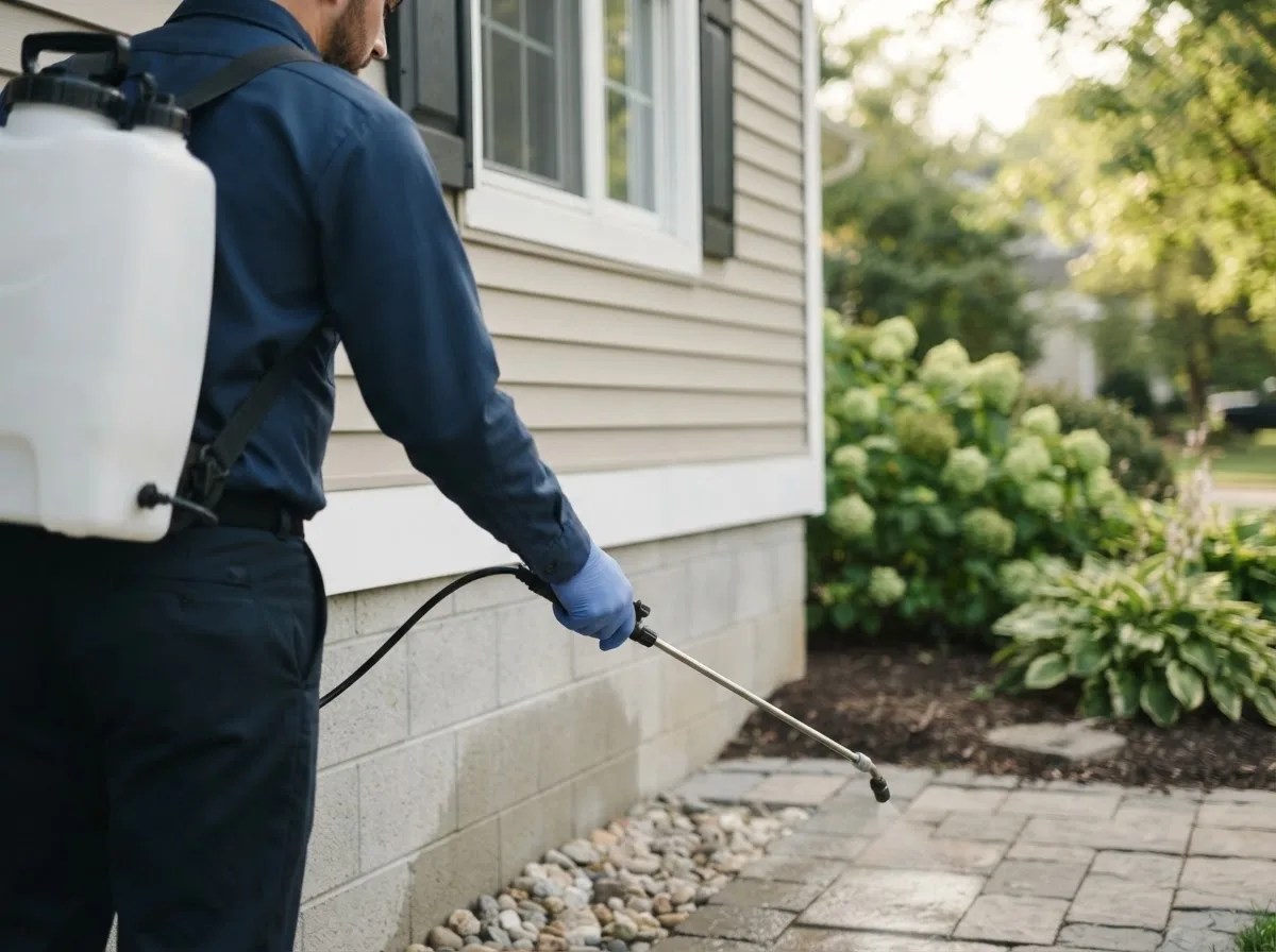 Pest control technician inspecting a home in Petersburg, OH